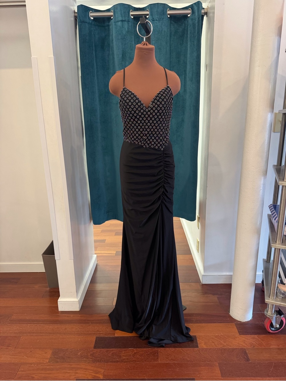 La Femme V-neck hotfix rhinestone bodice dress